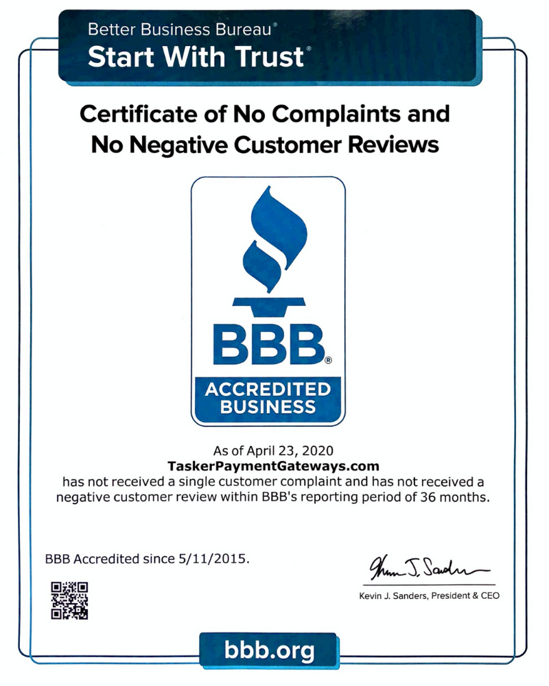 TaskerPaymentGateways - BBB - Certificate of No Complaints and No Negative Customer Reviews